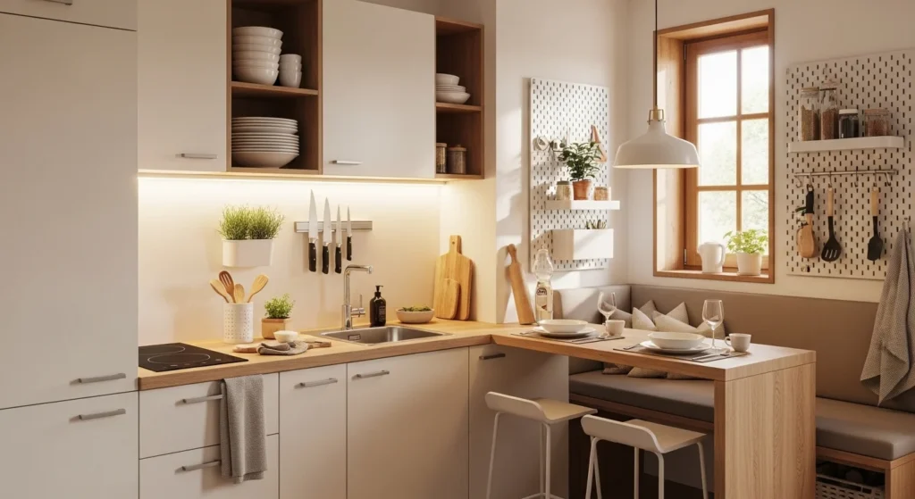 Compact cozy apartment kitchen designed with warm tones and smart storage solutions
