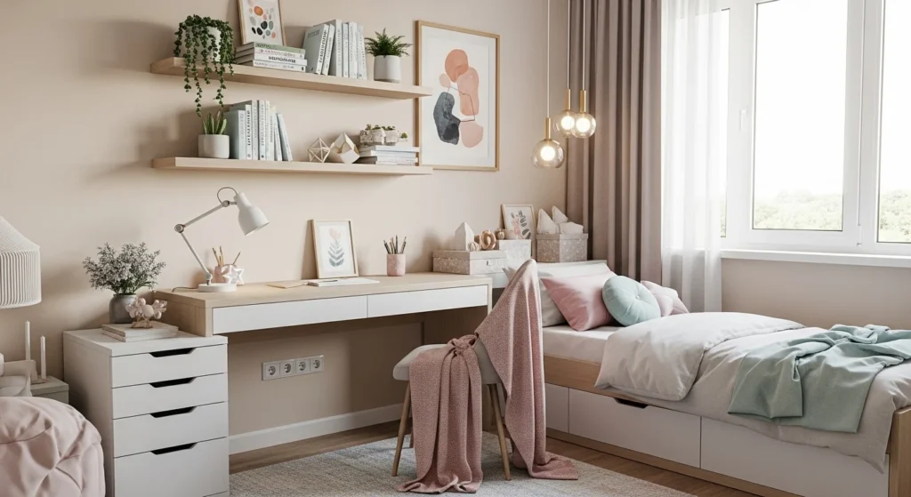 modern girls bedroom featuring aesthetic study desk and organized workspace setup