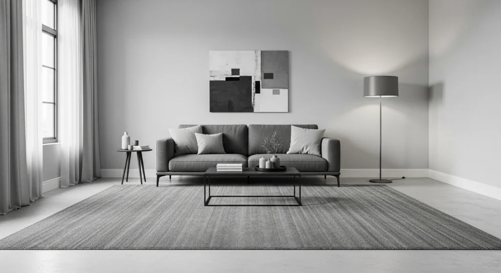 Layered monochrome gray living room with textured décor and modern styling.