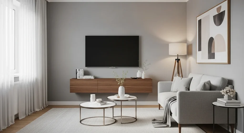 Compact apartment living room featuring wall mounted TV and modern floating console