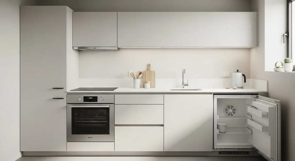 Small kitchen with space-saving slim appliances integrated into modern cabinetry