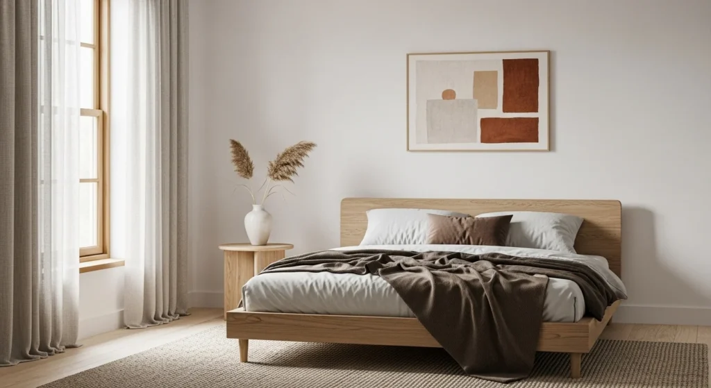apandi minimalist bedroom with low bed, light wood furniture, and serene neutral colors