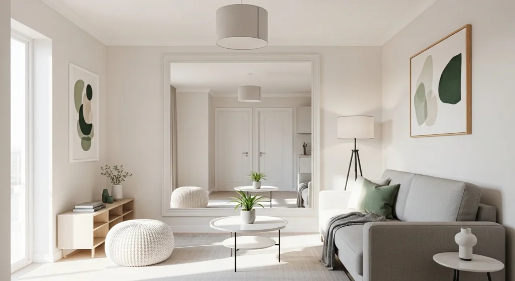 Small living room using a large mirror to visually expand space and increase brightness