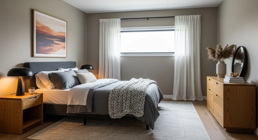 Cozy warm grey guest bedroom with wooden accents and soft textures