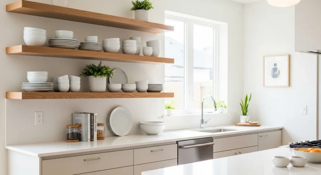 Modern kitchen with open shelves displaying dishes and plants for an airy 2026 kitchen look.