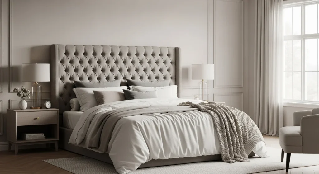 Modern cozy bedroom featuring a soft upholstered bed and warm layered bedding