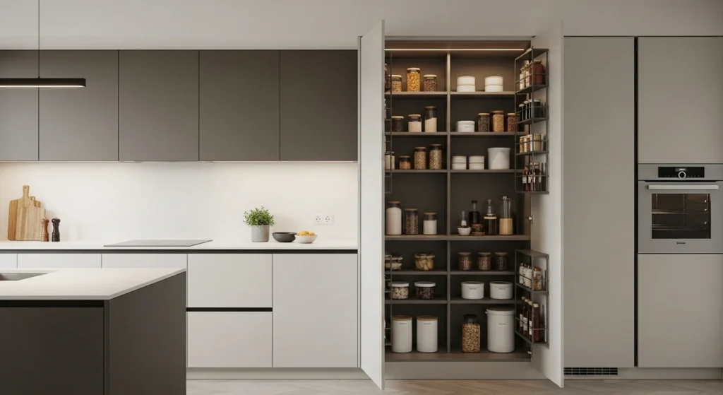 Concealed pantry shelves inside tall kitchen cabinets for a clean modern look