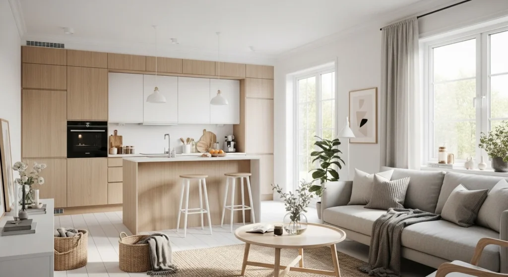 Bright Scandinavian open kitchen living room with light wood accents and cozy minimalist furniture