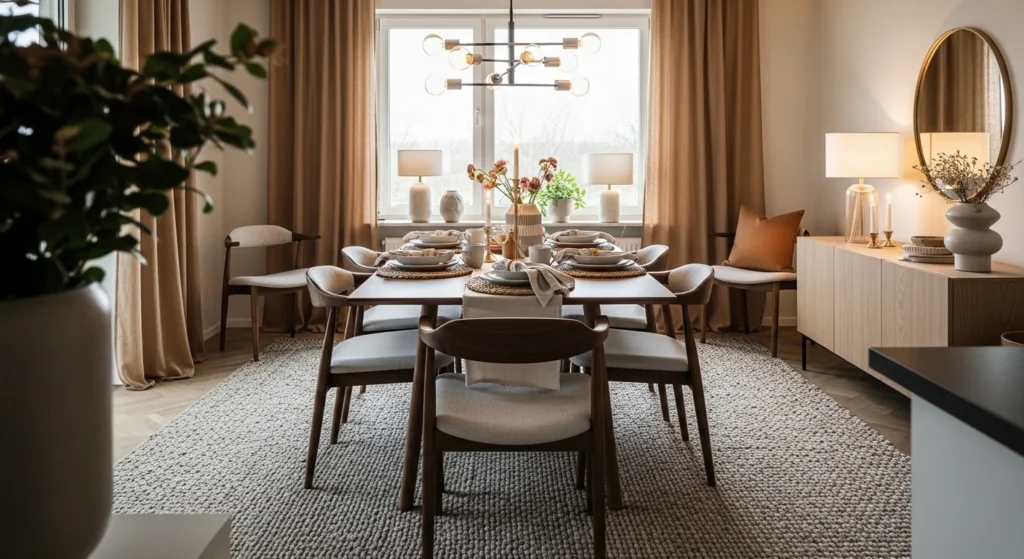 Dining room styled with layered textures including rug, fabric chairs, and warm decor