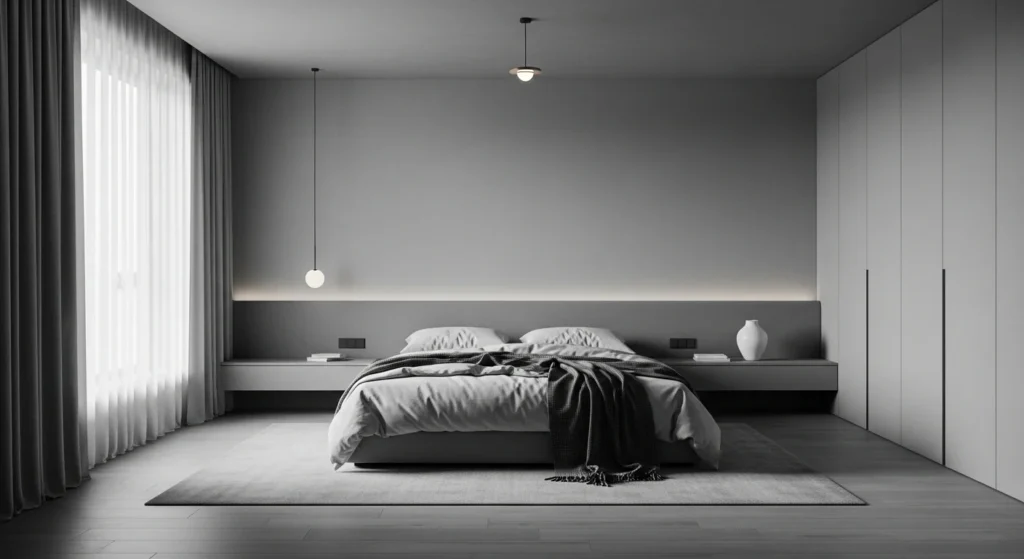 Minimalist bedroom using layered grey tones to create a calm and cohesive interior