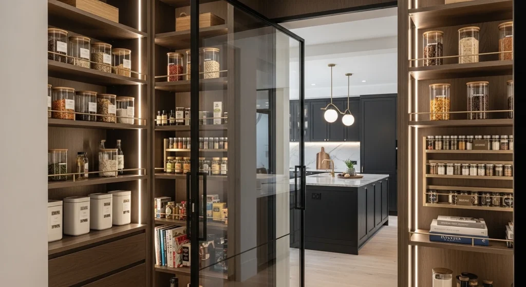 stylish walk-in pantry with glass doors and neatly organized shelving