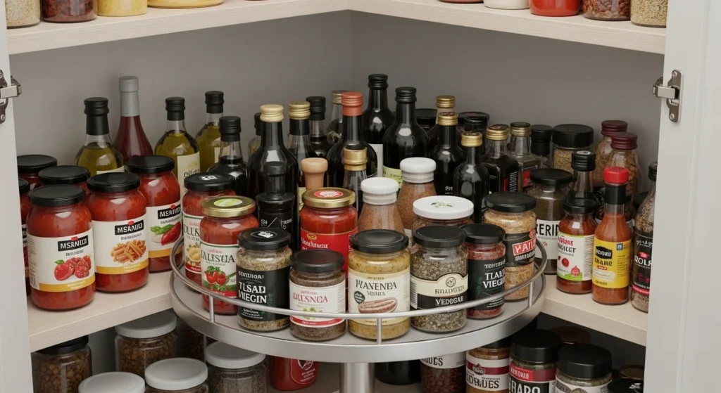 Corner pantry shelf with rotating lazy susan organizer holding sauces and jars.
