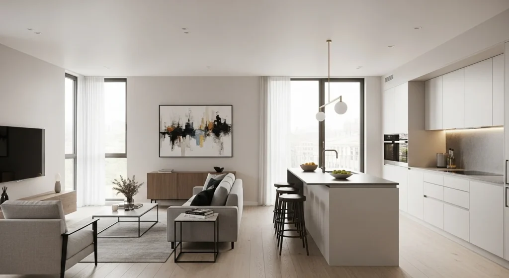 Open-plan apartment living room connected to the kitchen with a modern layout and airy feel