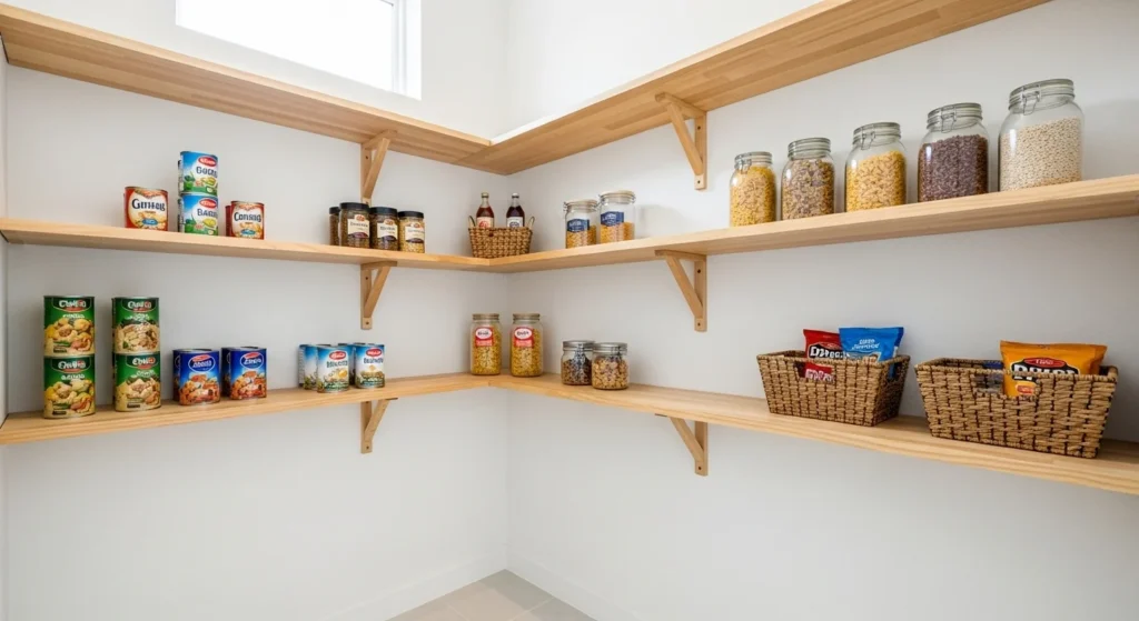 Small pantry with white shelves and light colors creating a bright and clean look
