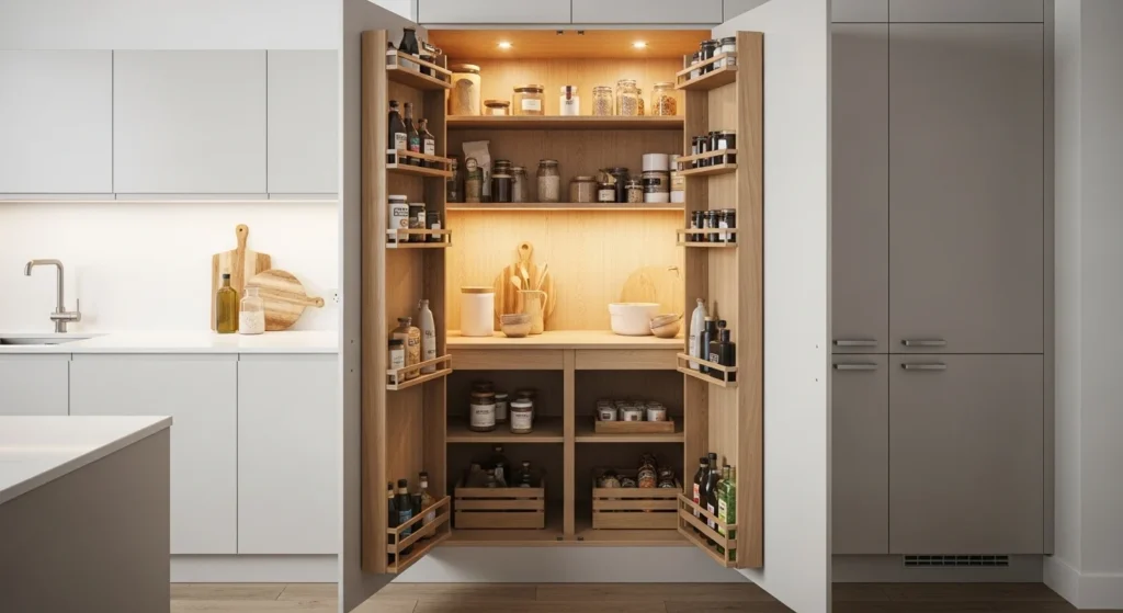 Concealed pantry storage integrated into kitchen cabinetry for a minimalist modern interior
