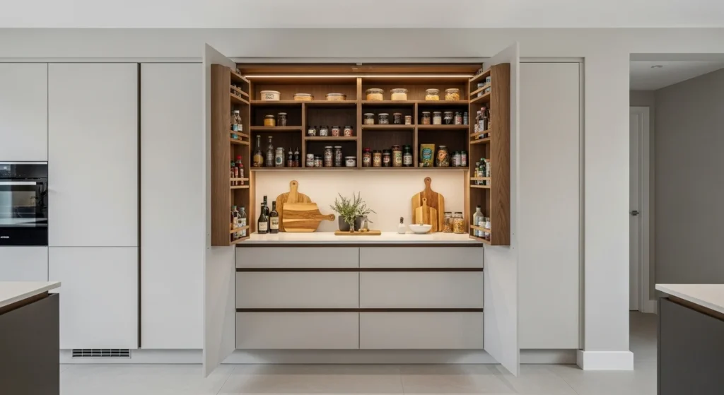Full-height hidden pantry wall integrated into modern kitchen cabinets for seamless storage.