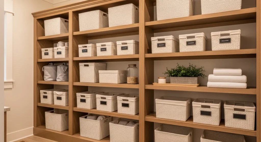 Cozy laundry room pantry featuring woven baskets for organized storage