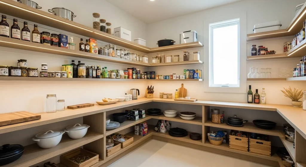 Walk-in pantry with integrated LED lighting illuminating shelves clearly