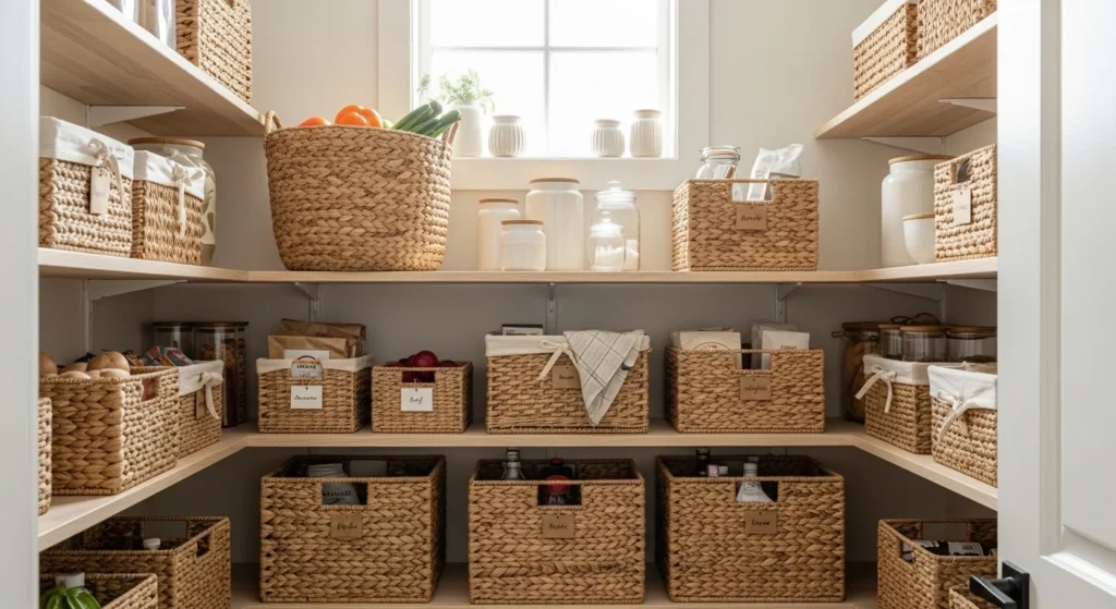 Pantry shelves styled with woven baskets for flexible and clutter-free storage