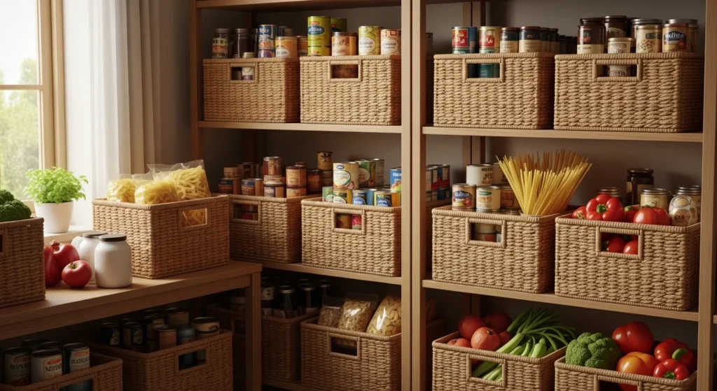 Kitchen food pantry with woven baskets used for flexible and clutter-free storage
