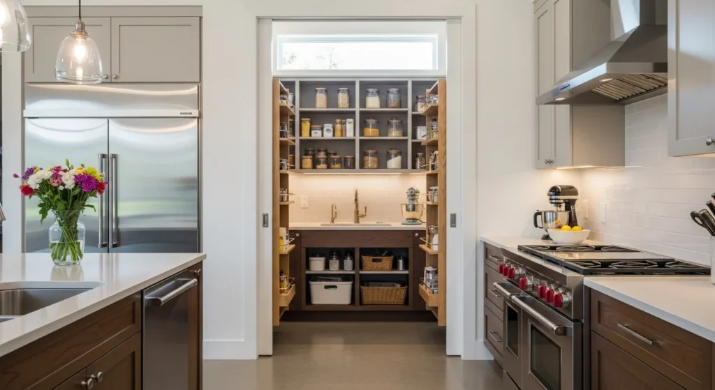 Pantry hidden using pocket doors that slide into the wall for a clean kitchen layout