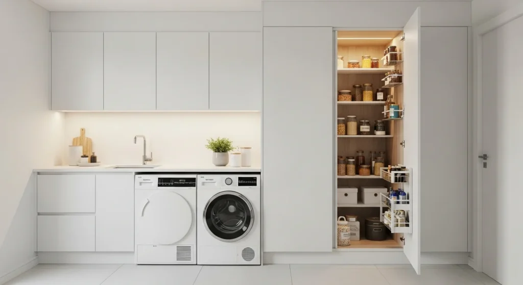 Pantry storage hidden inside laundry room cabinets for a clean and seamless look