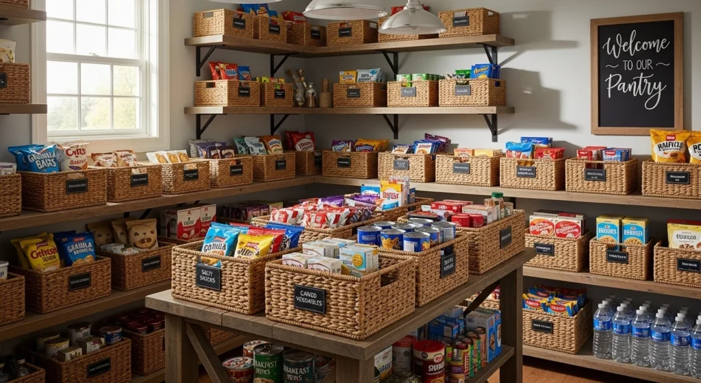 Food pantry organized with woven baskets for flexible and clutter-free storage