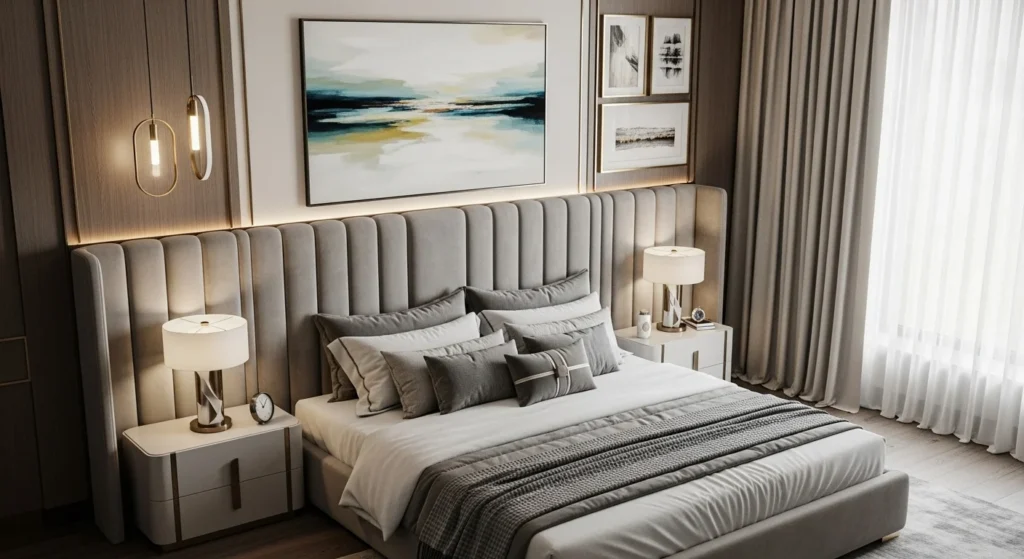 Luxury bed design with a wide upholstered headboard wall creating a hotel-style bedroom