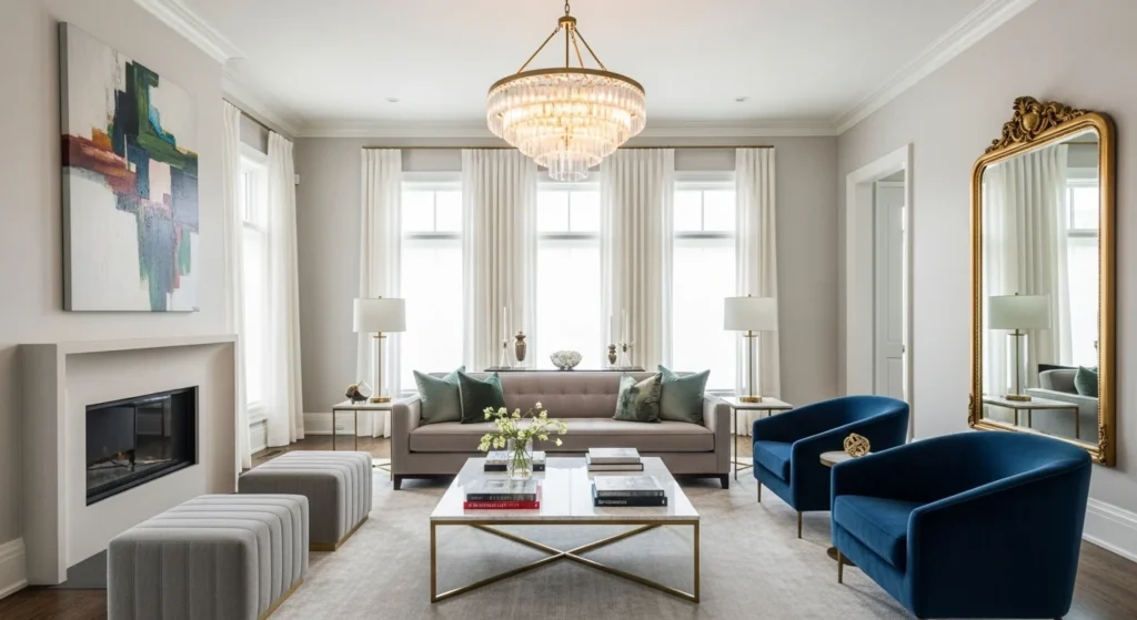 Parlor featuring a bold statement light fixture as the focal design element