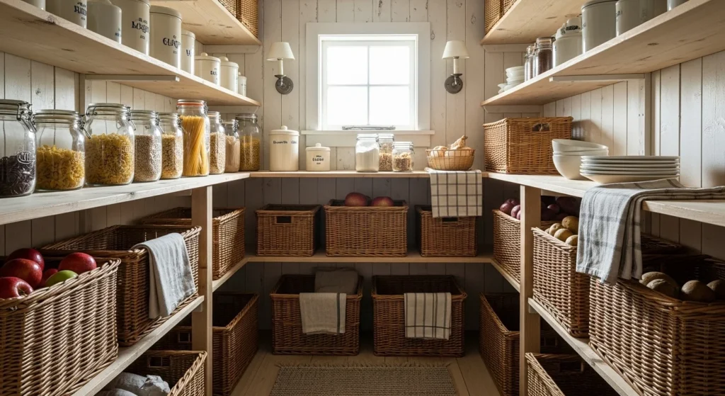 Farmhouse pantry using wicker baskets for cozy and practical food organization