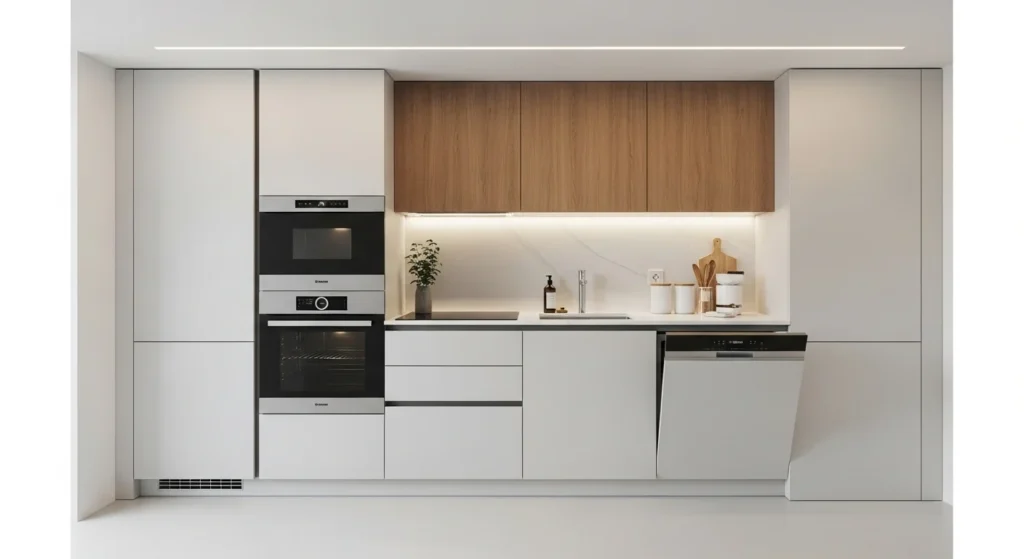 Small kitchen with built-in appliances seamlessly integrated into modern cabinetry