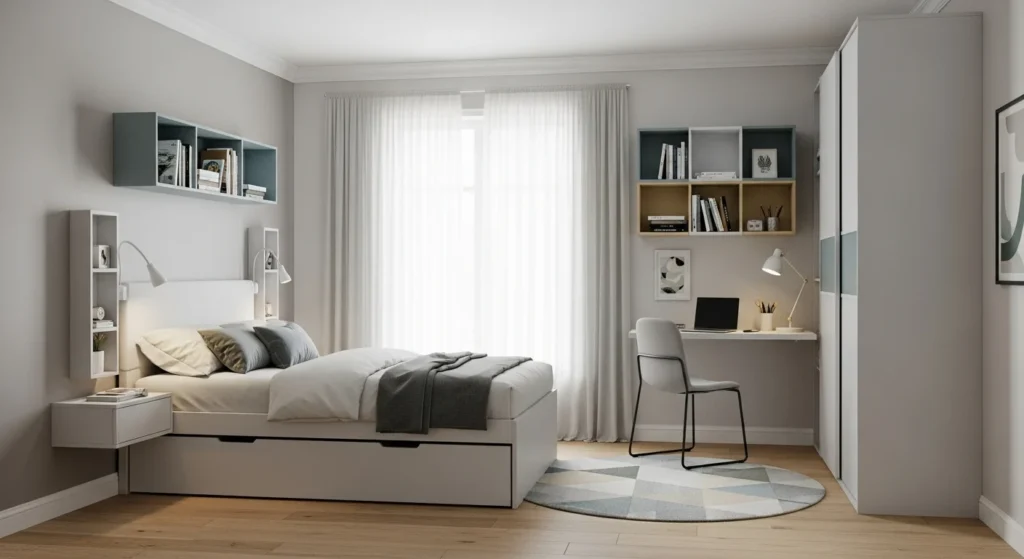 Small guest bedroom design with smart layout and space-saving furniture for modern homes