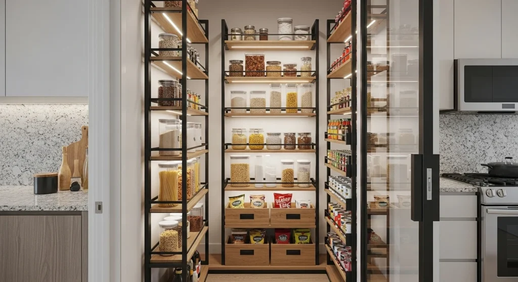Narrow walk-in pantry with adjustable shelving for flexible and modern storage