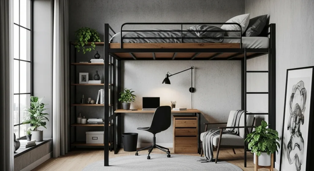Loft bed with metal frame and wood accents, modern industrial 2026 small bedroom design