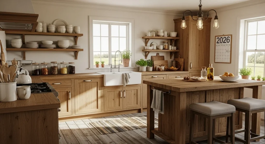 Farmhouse-style wooden kitchen with open shelves and rustic hardware, cozy 2026 interior