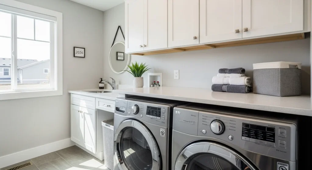 Laundry room with folding countertop above washer and dryer, clean modern 2026 setup