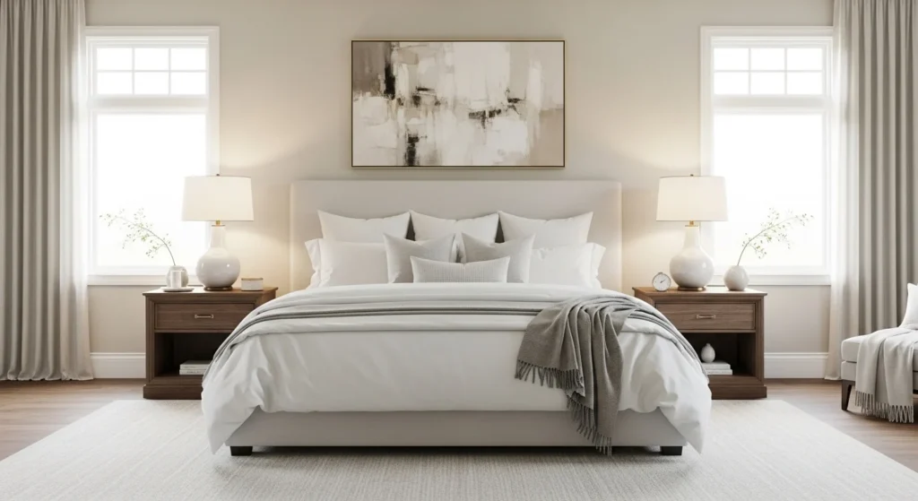 Symmetrical bedroom layout with centered bed, matching nightstands, and soft neutral tones
