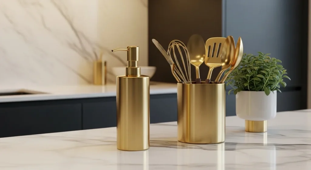 Kitchen counter decor featuring warm brass and metallic accessories