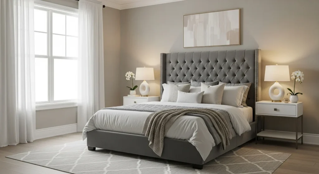 Guest bedroom with warm bedside lamps and soft ambient lighting creating a relaxing mood