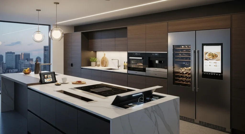 Luxury kitchen with natural wood accent details