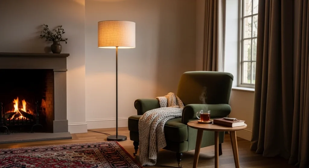 Cozy living room with fabric-shaded floor lamp providing soft lighting