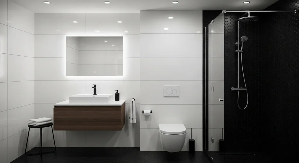 Black-and-white minimalist basement bathroom with clean lines and modern fixtures