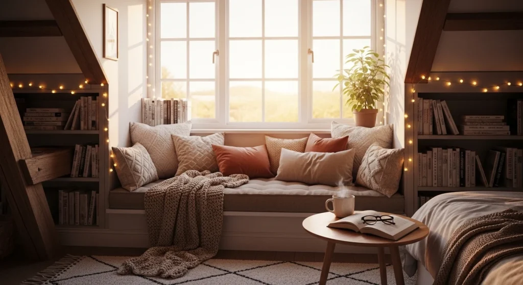 ozy reading nook with window seat, cushions, and books in attic bedroom
