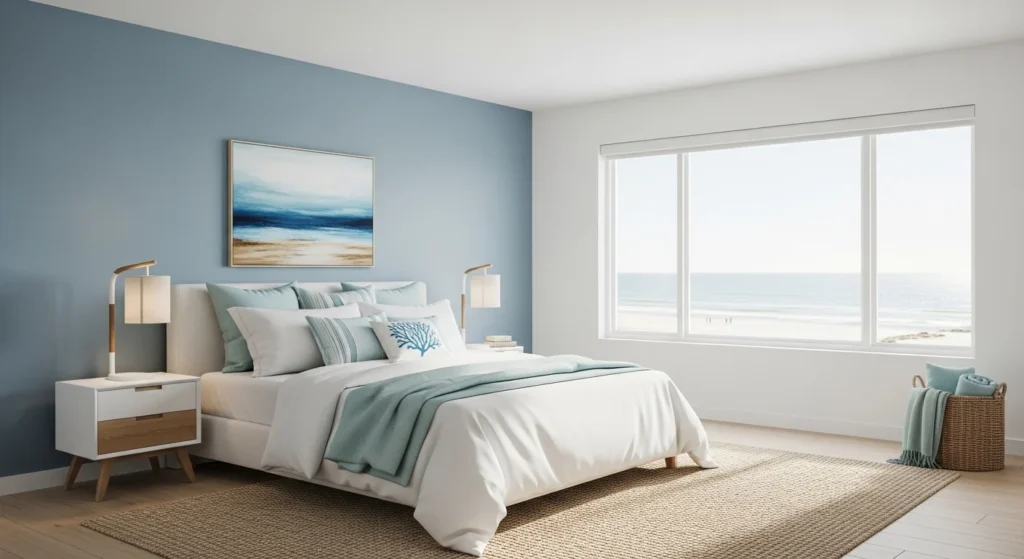 Light and airy bedroom with coastal colors, natural textures, and linen bedding