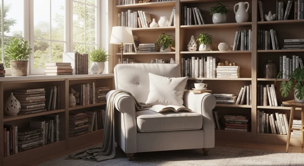 Cozy sunroom reading nook with armchair and natural light