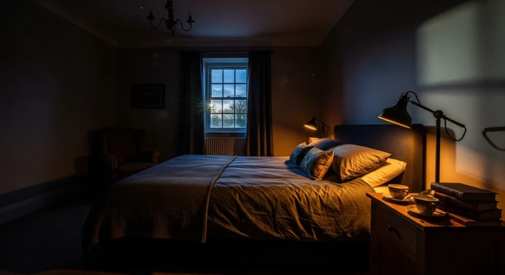 oody bedroom with low ambient lighting and soft shadows