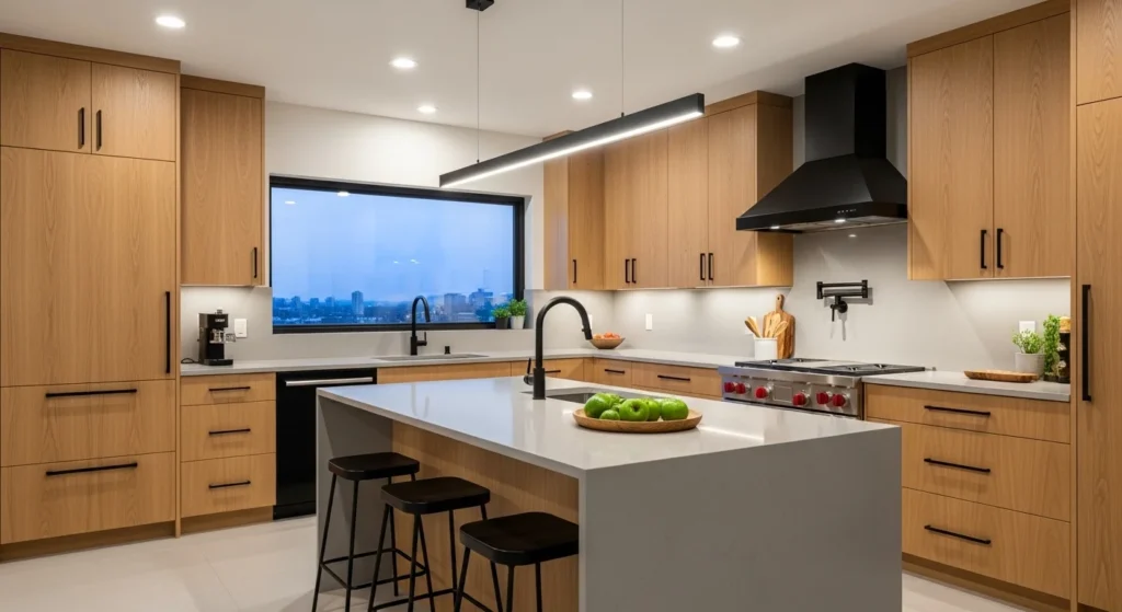 Modern kitchen combining oak cabinets with black accents