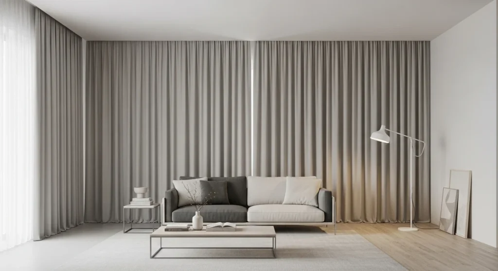 Minimalist living room featuring solid color modern curtains