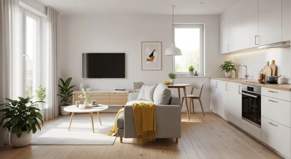 Open-plan compact living room connected to the kitchen with an airy modern layout