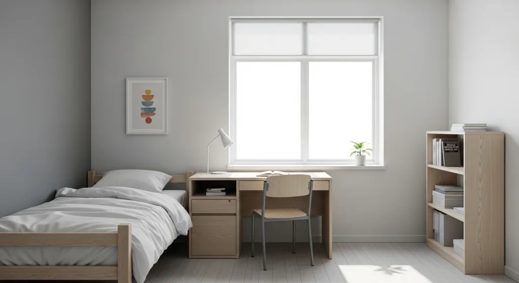 Minimalist dorm room with clean lines and neutral decor